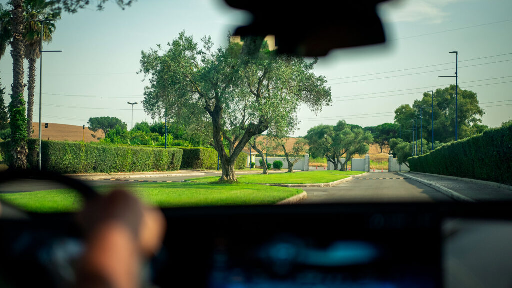 Vediamo la visuale dalla prospettiva di un'auto che sta entrando in un'area verde e soleggiata